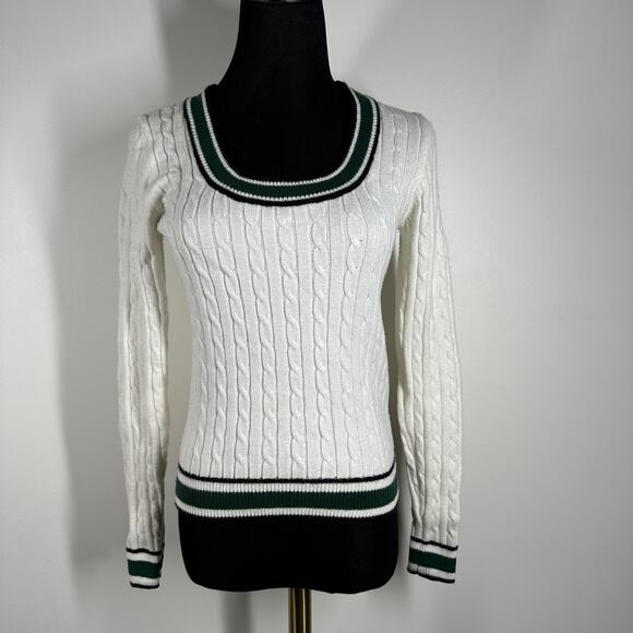 Evereve Womens Penny Cable Pullover Round Neck Sweater Knit White Green XS - Picture 2 of 8